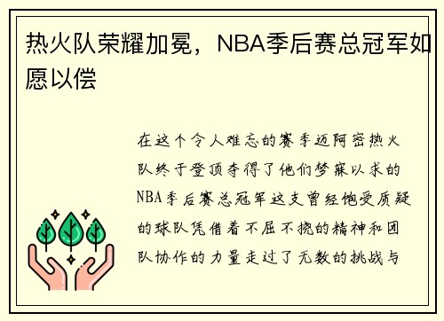 热火队荣耀加冕，NBA季后赛总冠军如愿以偿